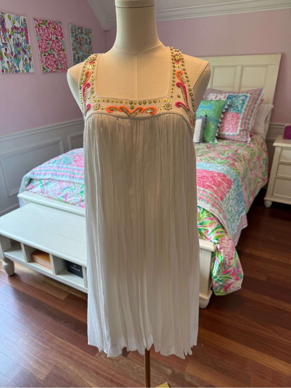 Lilly Pulitzer Beautiful White Dress with Neon Embellished Neckline & Back